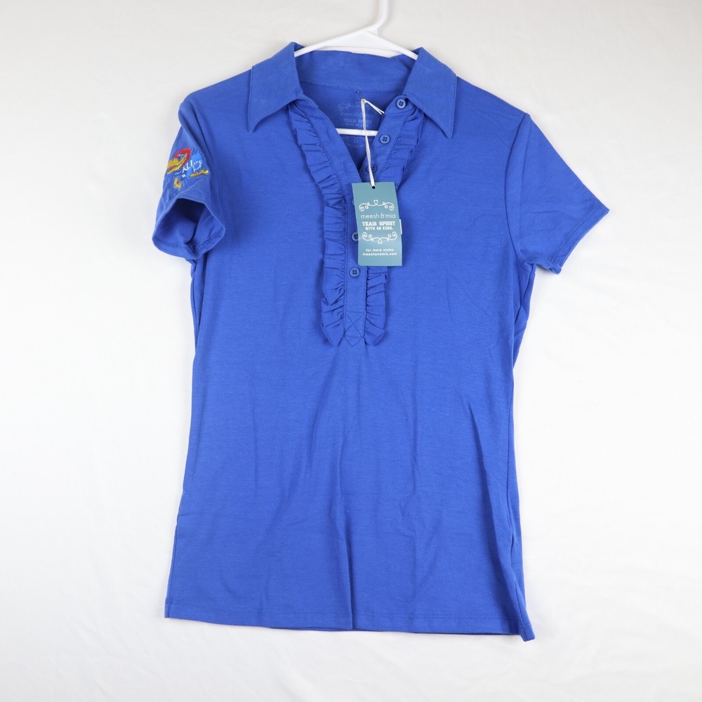 Meesh & Mia Team Spirit Polo Womens S Blue Kansas Jayhawks Ruffled Polo Royal